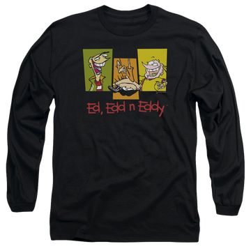 Black men's long sleeve t-shirt with Ed, Edd n Eddy 3 Eds graphic