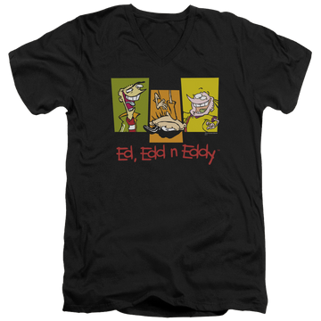 Black men's v-neck t-shirt with Ed, Edd n Eddy 3 Eds graphic