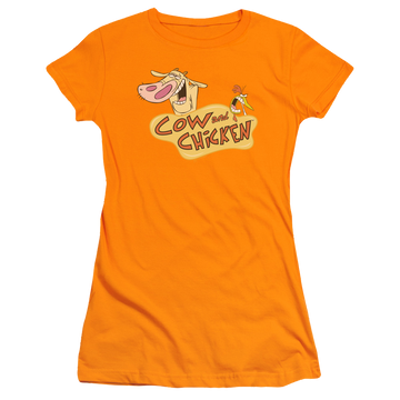 Orange juniors t-shirt with Cow and Chicken Logo graphic