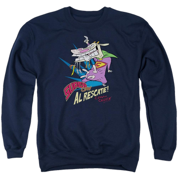 Navy men's crewneck sweatshirt with Cow and Chicken Super Cow graphic