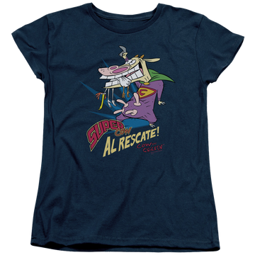 Navy women's t-shirt with Cow and Chicken Super Cow graphic