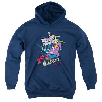 Navy youth hoodie for ages 8 to 12 with Cow and Chicken Super Cow graphic