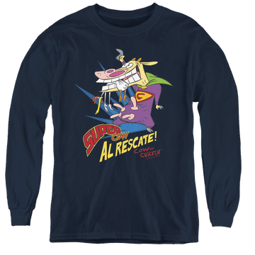 Navy youth long sleeve t-shirt with Cow and Chicken Super Cow graphic