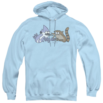 Light blue pullover hoodie with The Regular Show Tattoo Art graphic