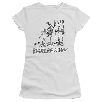 White juniors t-shirt with Regular Show Tattoo Art graphic
