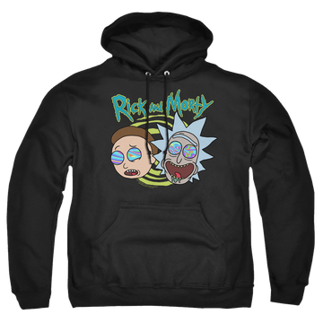 Black pullover hoodie with Rick and Morty Blown Minds graphic