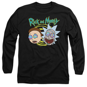 Black men's long sleeve t-shirt with Rick and Morty Blown Minds graphic
