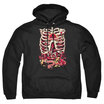 Black pullover hoodie with Rick and Morty Anatomy Park Logo graphic