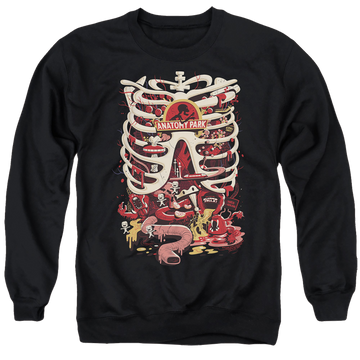 Black men's crewneck sweatshirt with Rick and Morty Anatomy Park Logo graphic