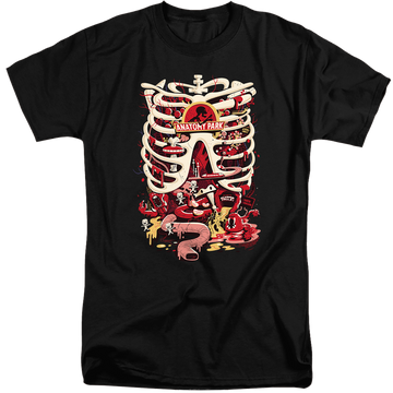 Black men's tall fit t-shirt with Rick and Morty Anatomy Park Logo graphic