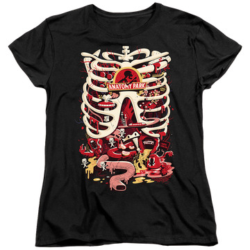 Black women's t-shirt with Rick and Morty Anatomy Park Logo graphic