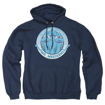 Navy pullover hoodie with Rick and Morty Mr Meeseeks graphic