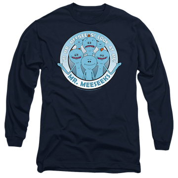 Navy men's long sleeve t-shirt with Rick and Morty Mr Meeseeks graphic