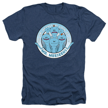 Navy men's heather t-shirt with Rick and Morty Mr Meeseeks graphic