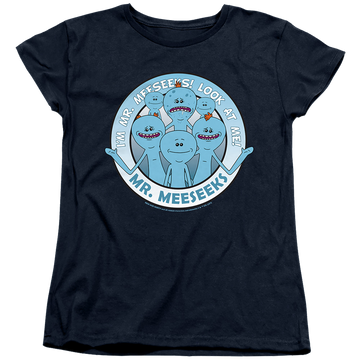 Navy women's t-shirt with Rick and Morty Mr Meeseeks graphic