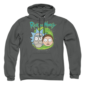 Charcoal pullover hoodie with Rick and Morty Floating Heads graphic