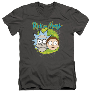 Charcoal men's v-neck t-shirt with Rick and Morty Floating Heads graphic