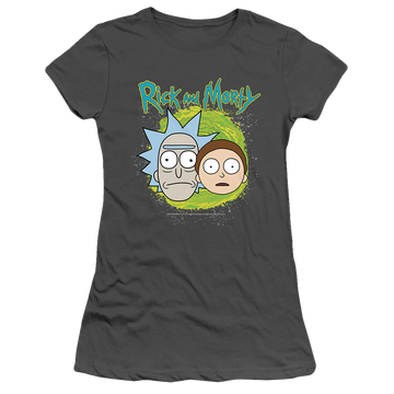 Charcoal juniors t-shirt with Rick and Morty Floating Heads graphic