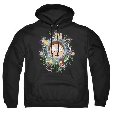 Black pullover hoodie with Rick and Morty Multiple Morty graphic