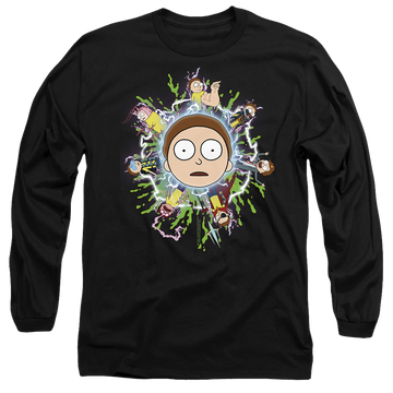 Black men's long sleeve t-shirt with Rick and Morty Multiple Morty graphic