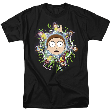 Black men's regular fit t-shirt with Rick and Morty Multiple Morty graphic