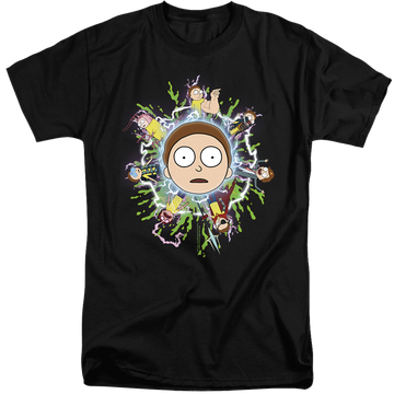 Black men's tall fit t-shirt with Rick and Morty Multiple Morty graphic