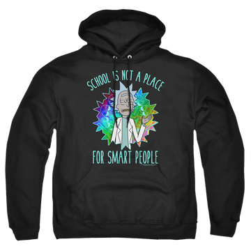 Black pullover hoodie with Rick and Morty School graphic