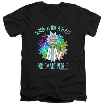 Black men's v-neck t-shirt with Rick and Morty School graphic