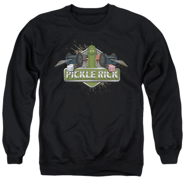 Black men's crewneck sweatshirt with Rick and Morty Pickle Rick graphic