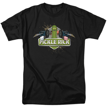 Black men's regular fit t-shirt with Rick and Morty Pickle Rick graphic