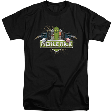 Black men's tall fit t-shirt with Rick and Morty Pickle Rick graphic