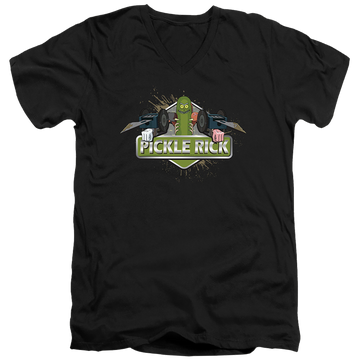 Black men's v-neck t-shirt with Rick and Morty Pickle Rick graphic