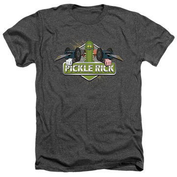 Charcoal men's heather t-shirt with Rick and Morty Pickle Rick graphic