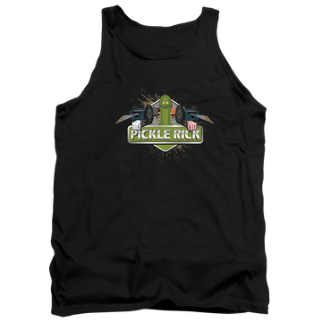 Black men's tank with Rick and Morty Pickle Rick graphic