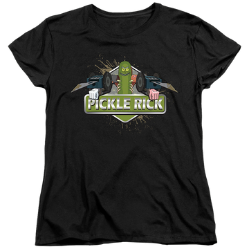 Black women's t-shirt with Rick and Morty Pickle Rick graphic