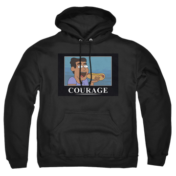 Black pullover hoodie with Rick and Morty Courage Poster graphic