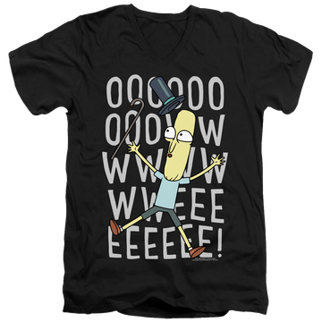 Black men's v-neck t-shirt with Rick and Morty Oowweeeee graphic