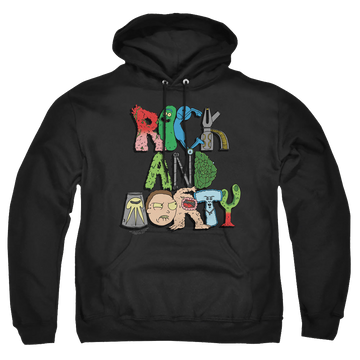 Black pullover hoodie with Rick and Morty Illustrated Logo graphic