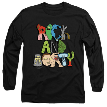 Black men's long sleeve t-shirt with Rick and Morty Illustrated Logo graphic