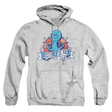 Athletic heather pullover hoodie with Rick and Morty Existence Is Pain graphic