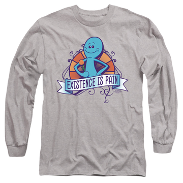 Athletic heather men's long sleeve t-shirt with Rick and Morty Existence Is Pain graphic