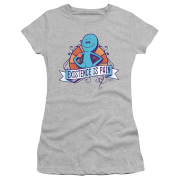 Athletic heather juniors t-shirt with Rick and Morty Existence Is Pain graphic