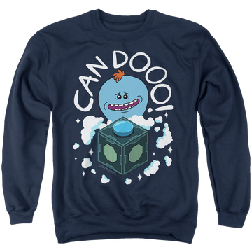 Navy men's crewneck sweatshirt with Rick and Morty Can Do graphic