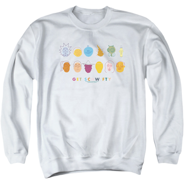 White men's crewneck sweatshirt with Rick and Morty Get Schwifty graphic