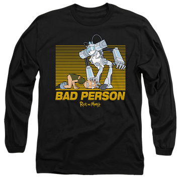 Black men's long sleeve t-shirt with Rick and Morty Bad Person graphic