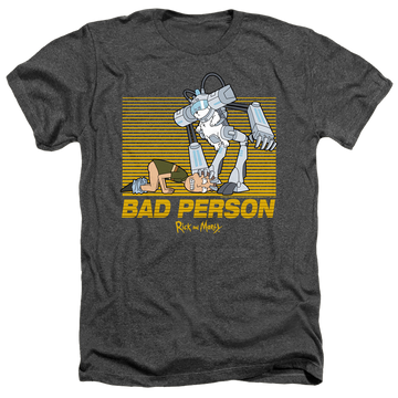 Charcoal men's heather t-shirt with Rick and Morty Bad Person graphic