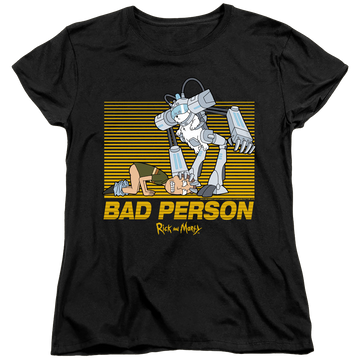 Black women's t-shirt with Rick and Morty Bad Person graphic