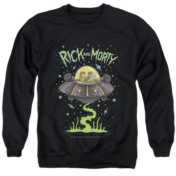 Black men's crewneck sweatshirt with Rick and Morty Drunk Rick Ship graphic