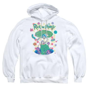 White pullover hoodie with Rick and Morty Falling Portals graphic