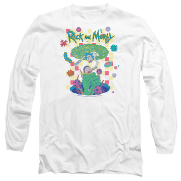 White men's long sleeve t-shirt with Rick and Morty Falling Portals graphic